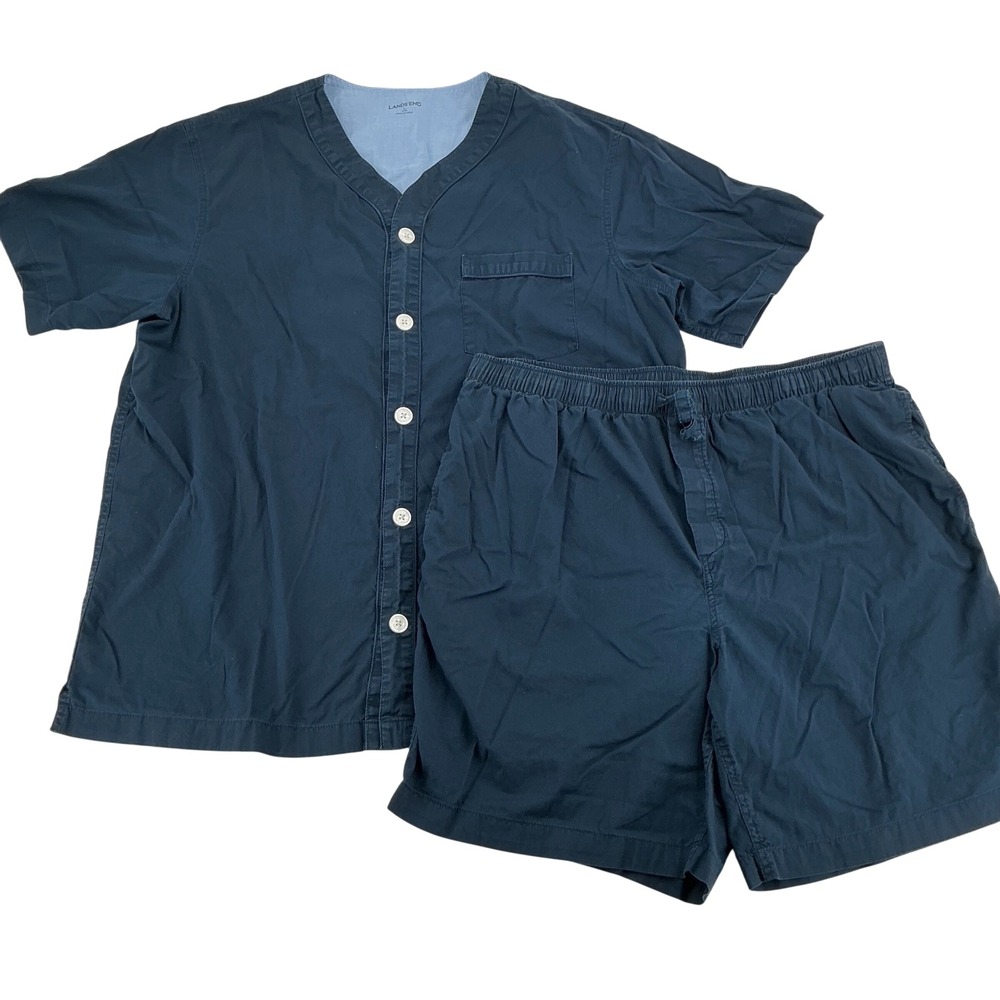 Lands End Pajama Set Mens L Navy Blue Cotton Short Sleeve Shorts Lounge Classic